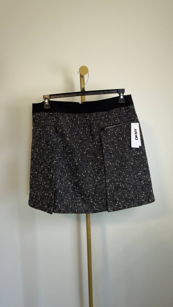 DKNY Pleated Tweed A‑Line Mini Skirt Black 14 NWT $89