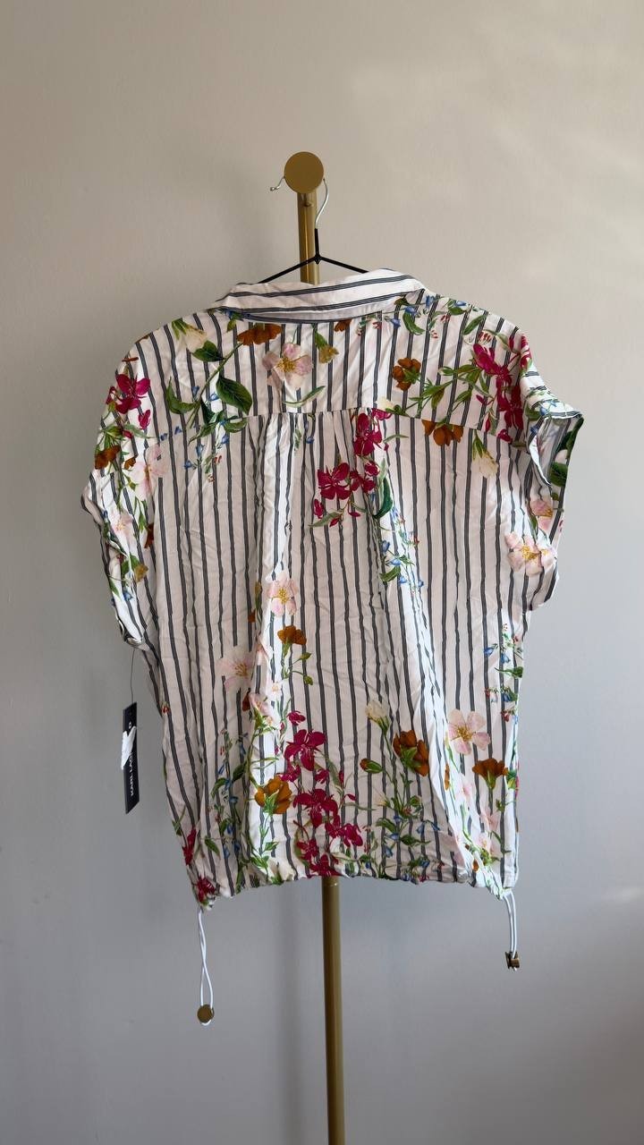 Karl Lagerfeld Paris Floral & Stripe Button‑Up Shirt Soft White Multi M NWT $99