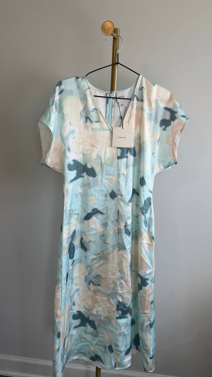 Calvin Klein Satin Print V‑Neck Midi Dress Pale Meadow S NWT $169