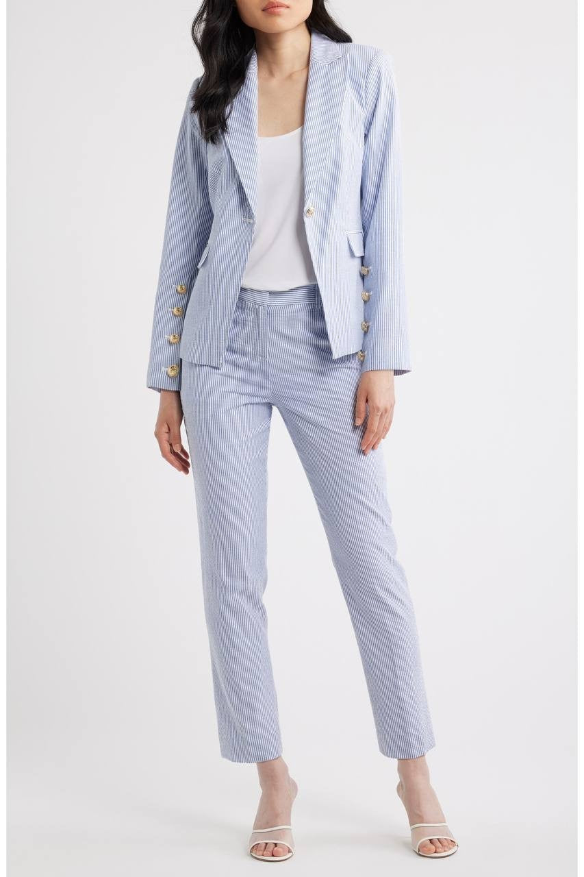 Tahari ASL Women’s Seersucker Straight Leg Pants Navy Ivory 16 NWT $99