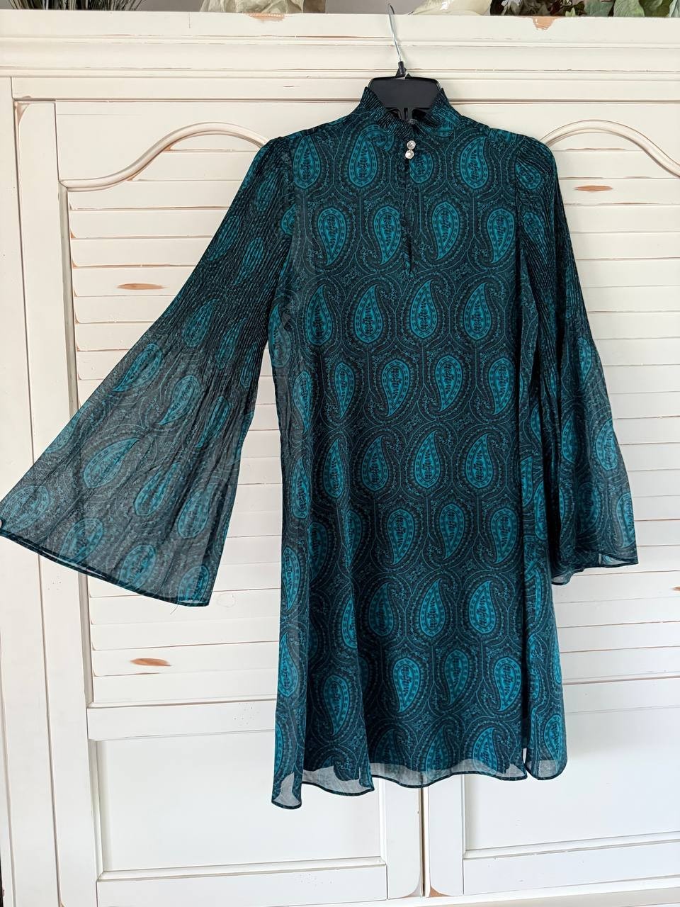 Tommy Hilfiger Dress 2 Green Ruffled Keyhole Neck Chiffon Shift Long Sleeve NWT
