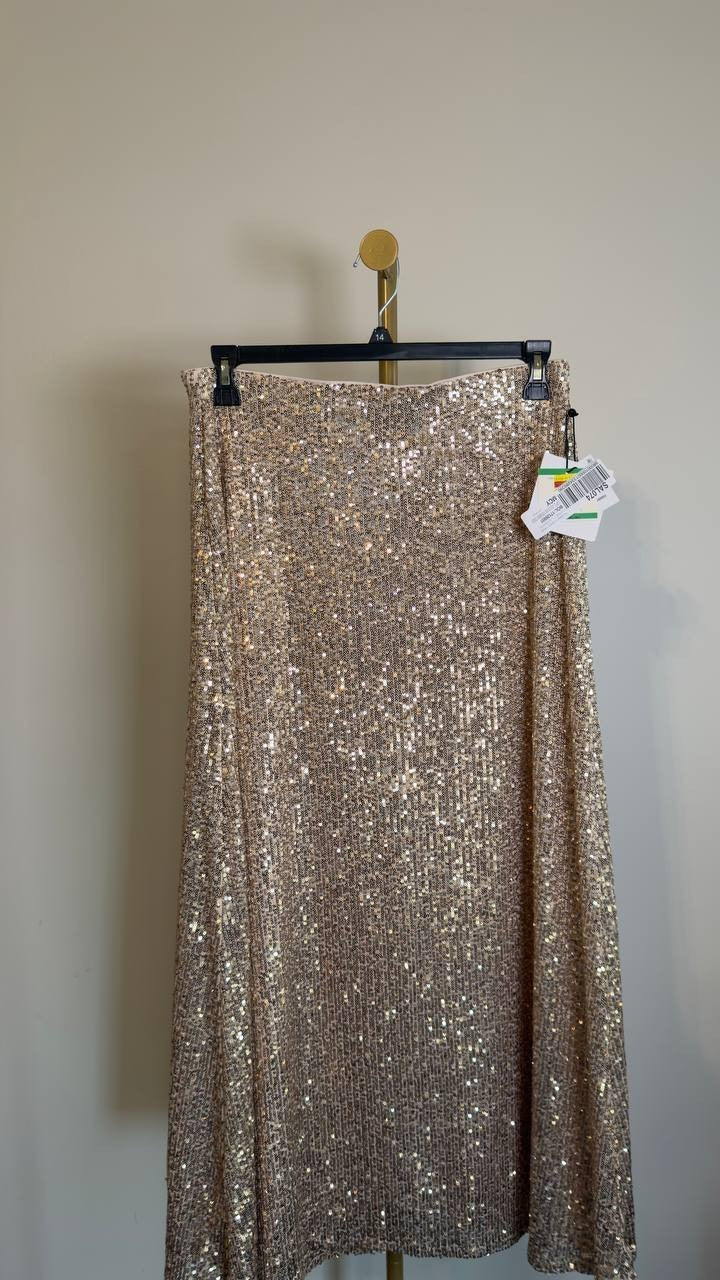 Anne Klein Sequin Flared Maxi Skirt Luxe Champagne L NWT $129