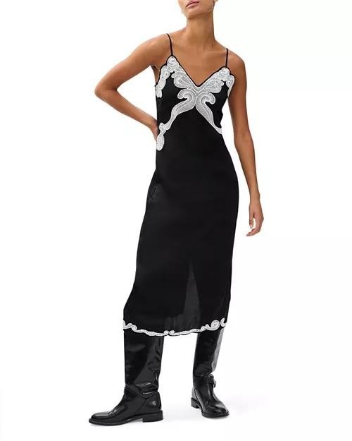rag & bone “Ann” Embellished Slip Dress – Size 8 – Black Satin – NWT – MSRP$598