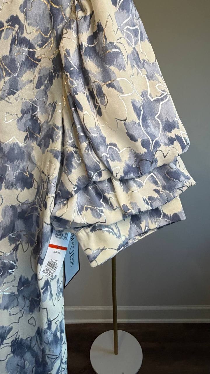 Sam & Jess Floral‑Print Bubble‑Sleeve Top Blue Floral XS NWT $59