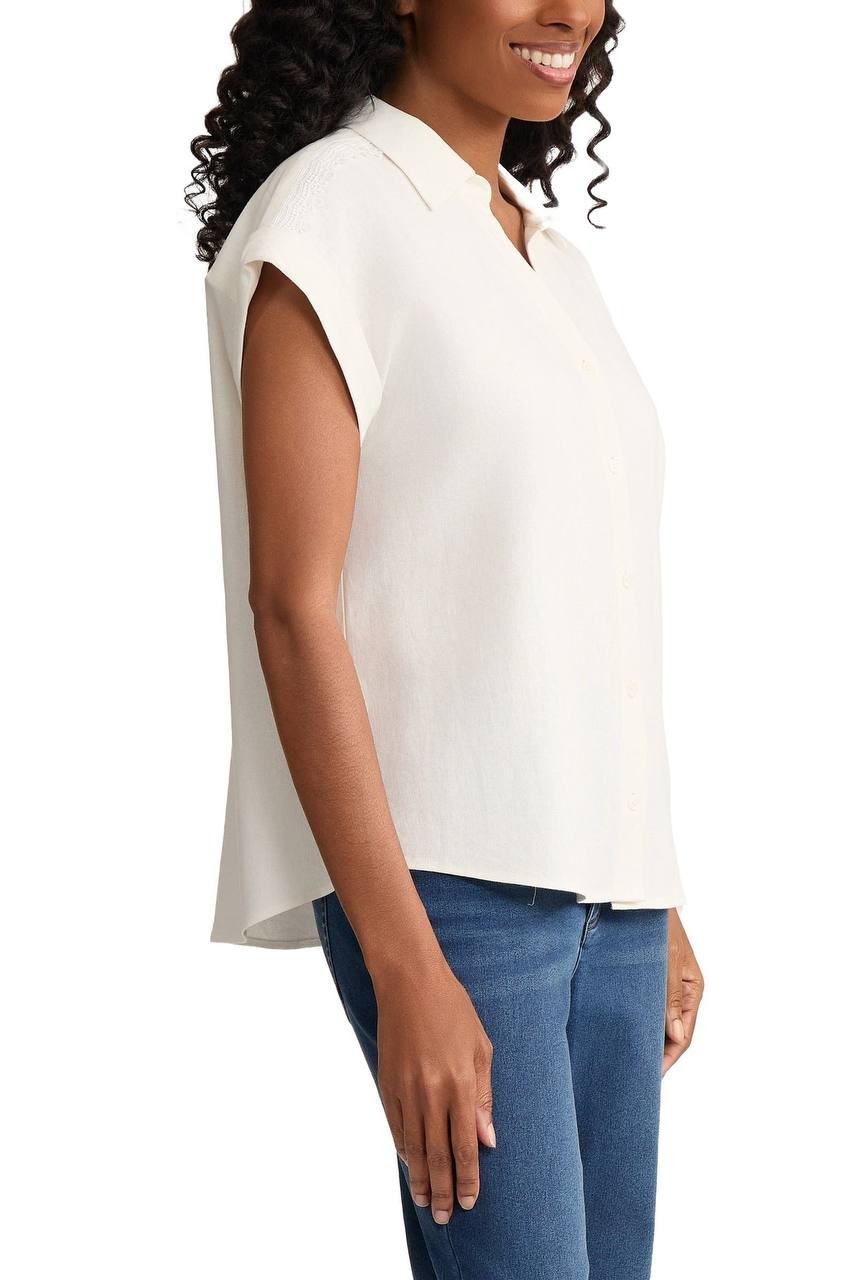 Jones New York Lace Detail Linen Blend Button-Up Shirt White XL NWT $89.50