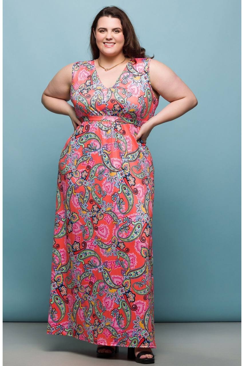 24seven Comfort Apparel Plus V‑Neck Sleeveless Maxi Dress Coral Multi 1X NWT $64