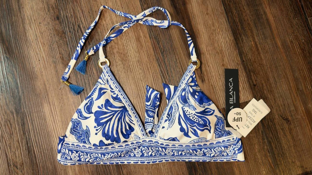 La Blanca Botanical Brocade Halter Bikini Swim Top Lapis 6 NWT $95
