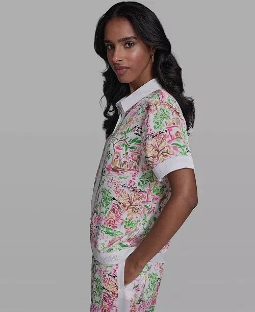 Karl Lagerfeld Collared Printed Button Top Soft White/Pink Carnation L NWT $99