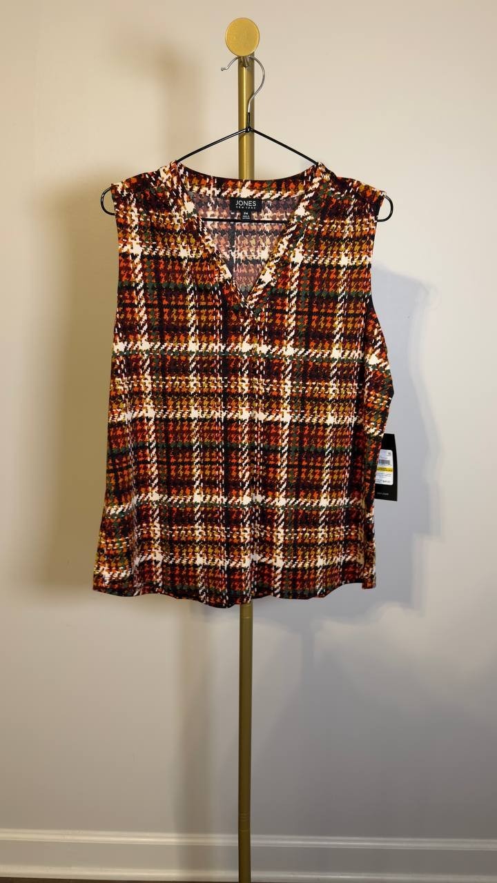 Jones New York Sleeveless V‑Neck Jersey Knit Blouse Bordeaux Multi PM NWT $49.50
