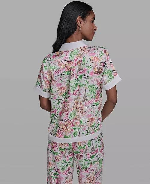 Karl Lagerfeld Collared Printed Button Top Soft White/Pink Carnation L NWT $99