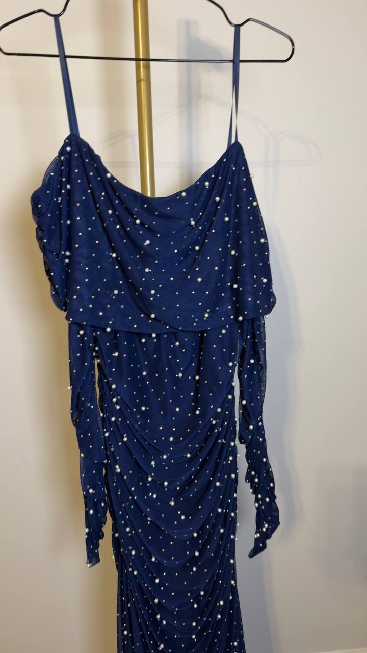 B Darlin Plus Off‑Shoulder Pearl Gown Navy 16W NWT $119