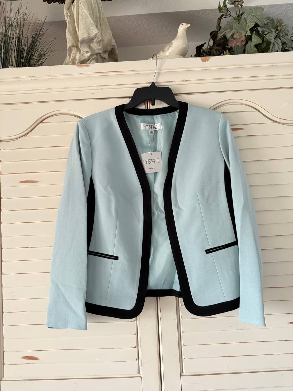 Kasper Blazer 12P Blue Petite Contrast Trim Open Front Long Sleeve Career NWT