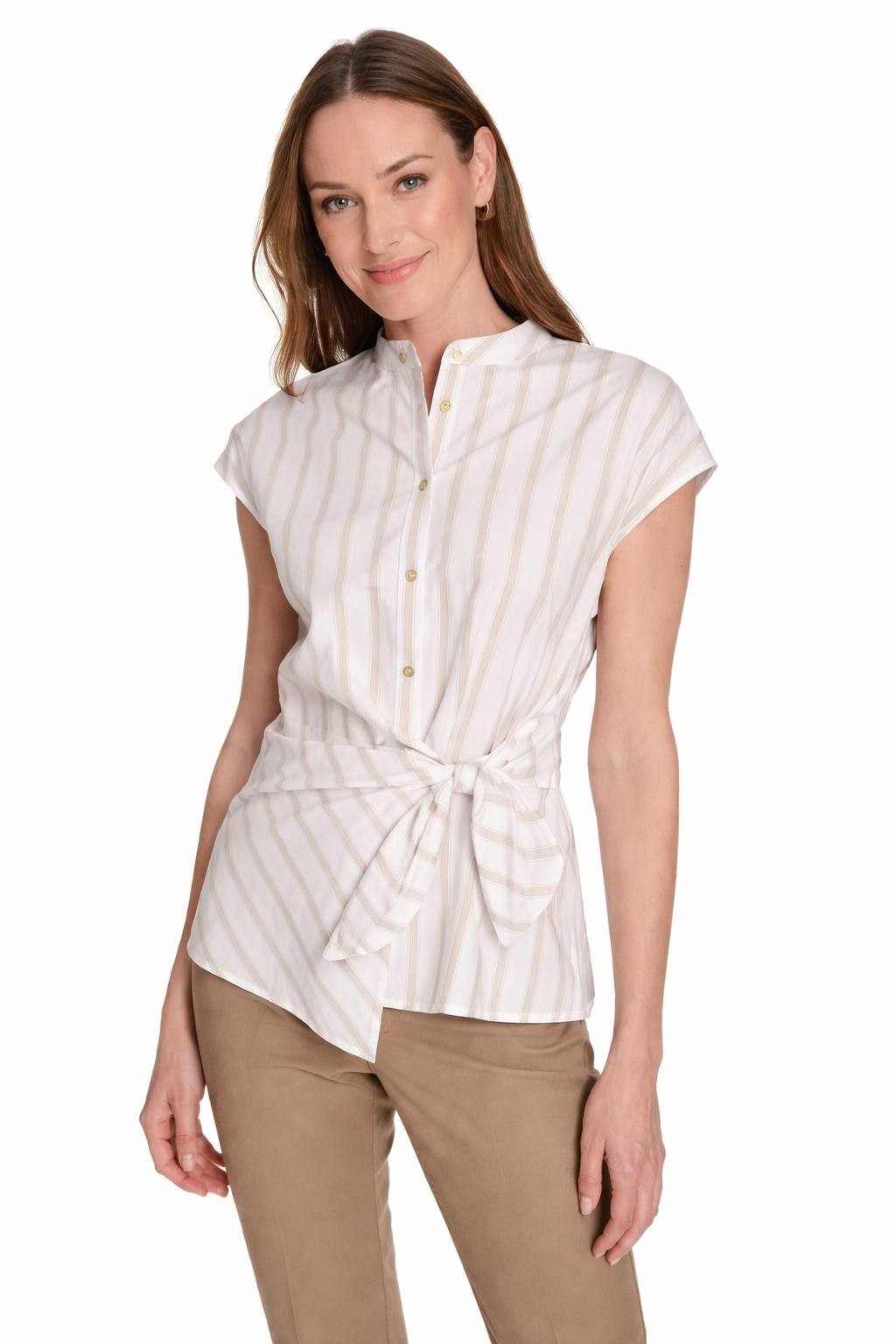 Tommy Hilfiger Women’s Striped Side‑Tie Cap‑Sleeve Blouse White Beige $79 NWT