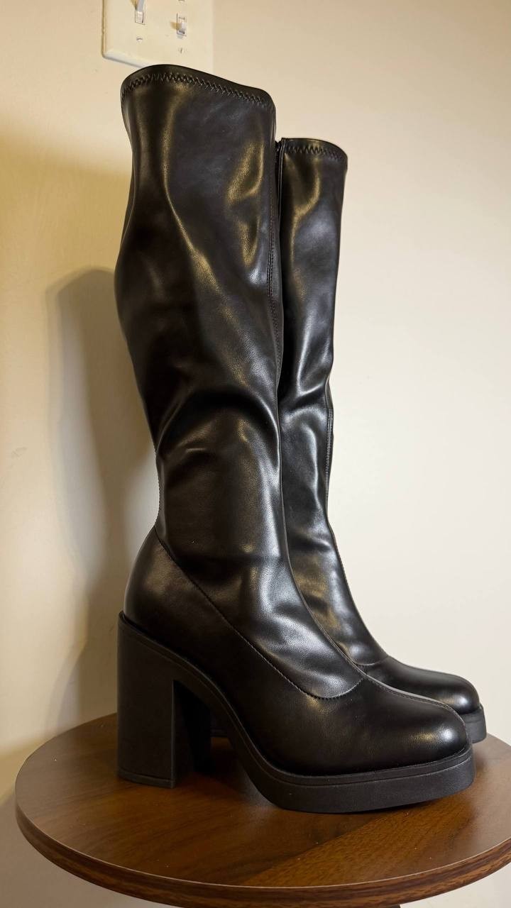 Madden Girl Dreammerr Boots 7 Black Stretch Knee‑High Block Heel NIB msrp$99