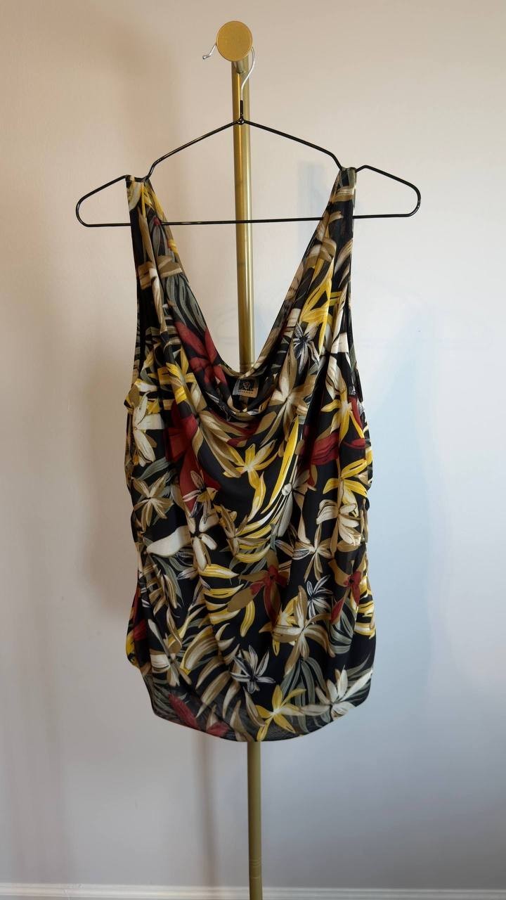 Anne Klein Printed Ruched Draped‑Neck Mesh Top Floral XL NWT $69