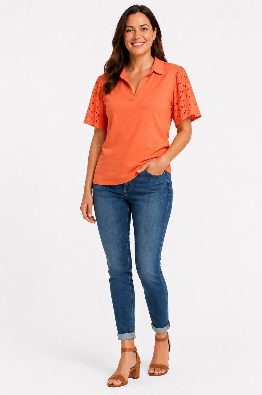 Karl Lagerfeld Paris Eyelet‑Sleeve Collared Top Coral S NWT $89