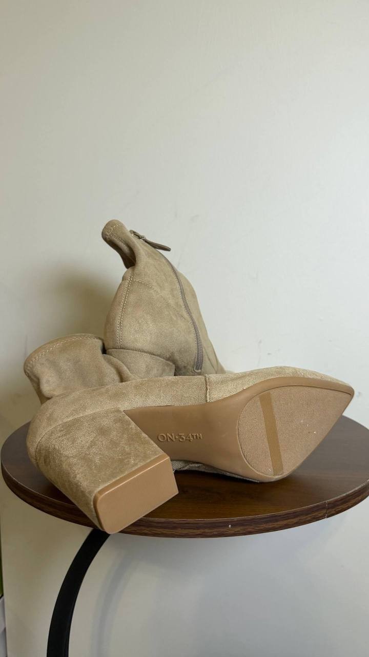 On•34th True Taupe Fabric Block Heel Booties 8M New in Box MSRP $99.90