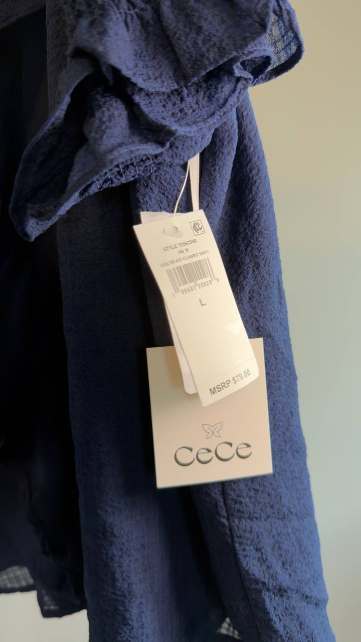 CeCe Ruffle Bubble Crepe Top L Classic Navy NWT $79