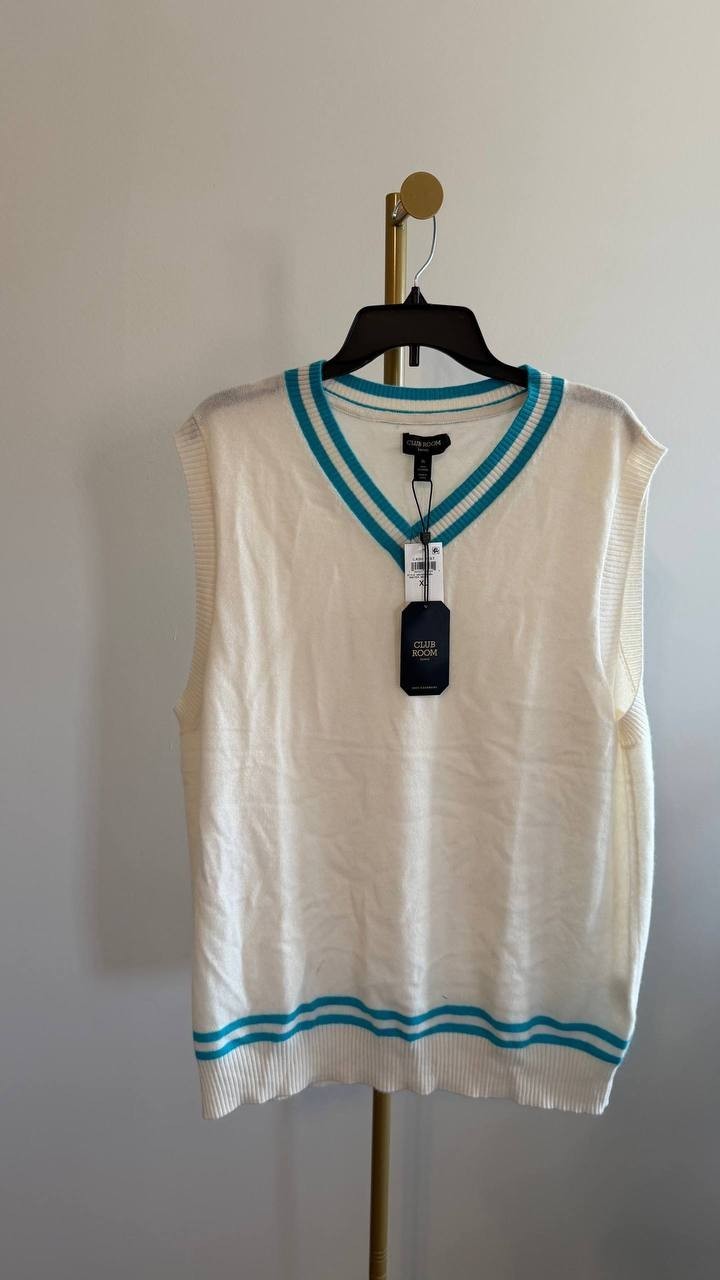 Club Room Men’s 100% Cashmere V‑Neck Sweater Vest White/Turquoise XL $179 NWT