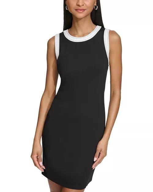 KARL LAGERFELD PARIS Contrast Trim Tank Dress – Optic Black, Size S/P (Petite)