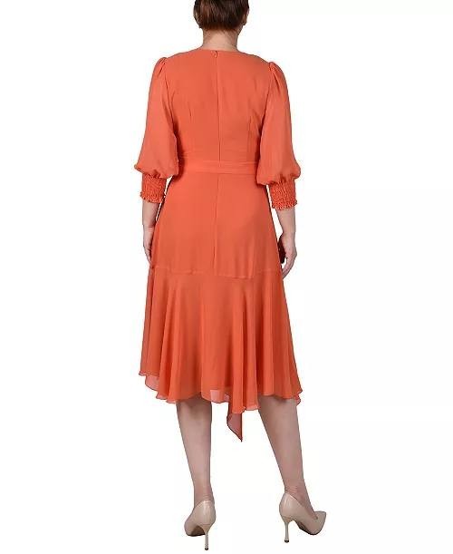 NY Collection Womens Orange 3/4 Sleeve Belted Chiffon Dress Petite Sz PXL