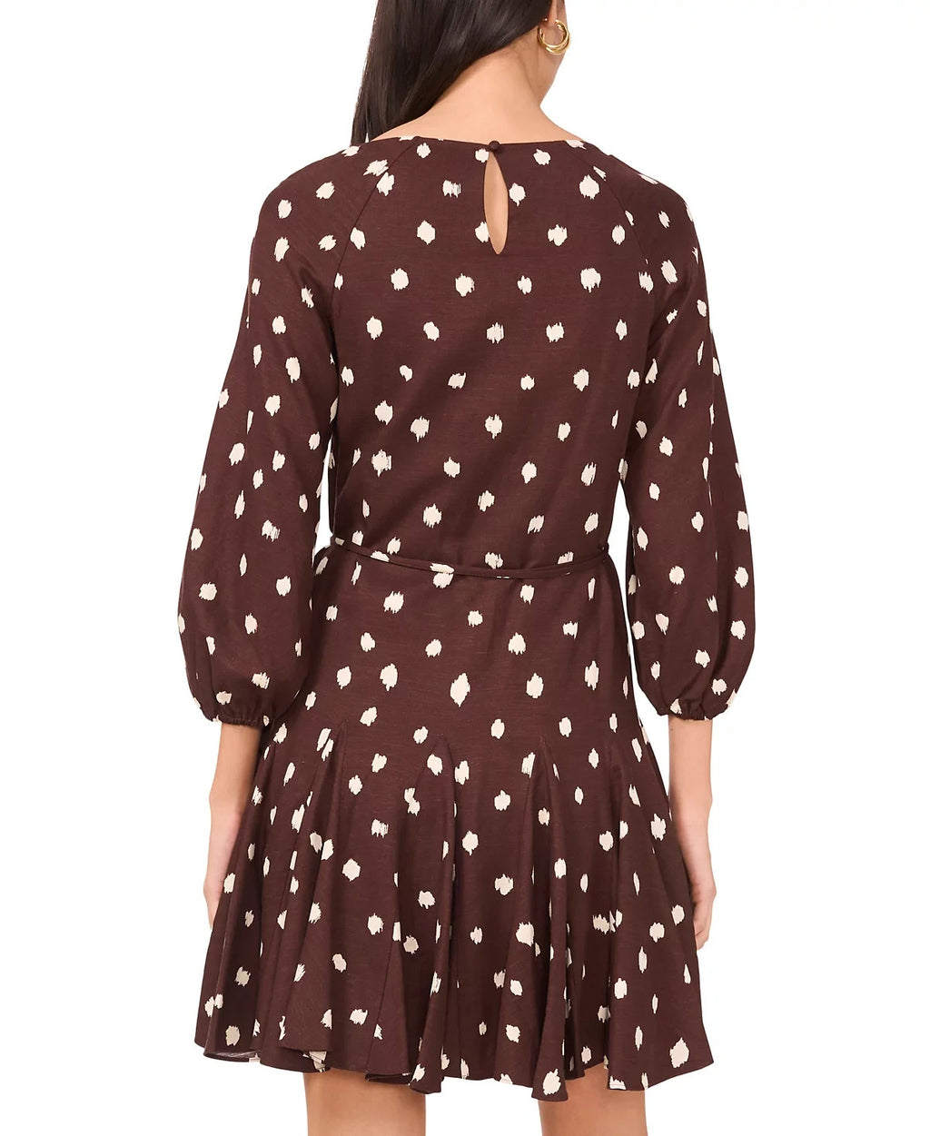 1.STATE Women's Dot Mini Dress Mahogany M – 3/4 Sleeve, Tie Waist