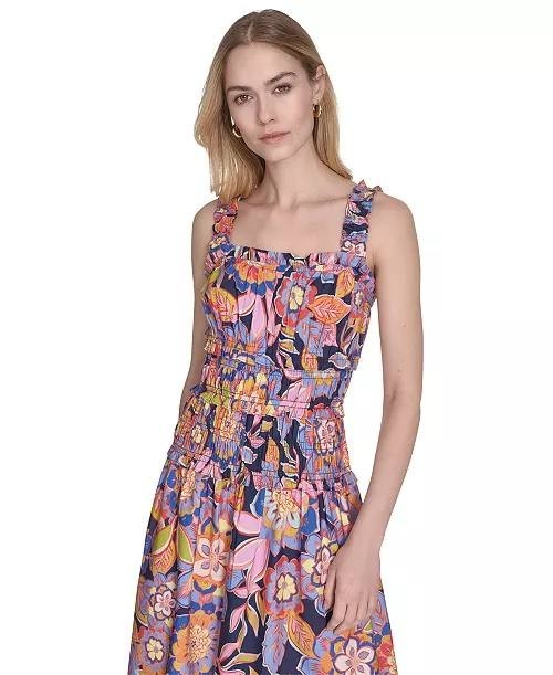Eliza J Cotton Smocked-Waist Floral Midi Dress Multi 10 NWT $138