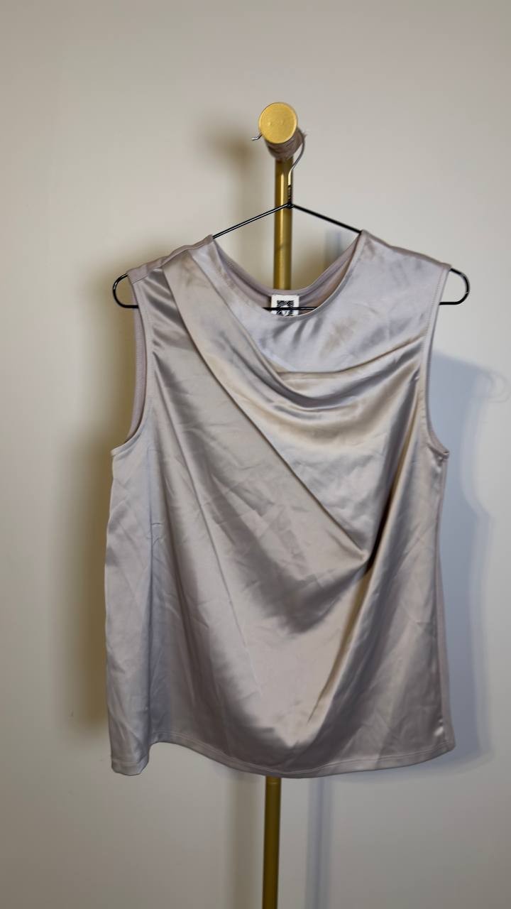 Anne Klein Drape Front Asymmetrical Shoulder Sleeveless Blouse Porcini S NWT $59