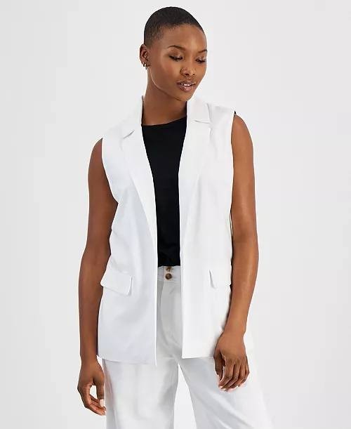 Bar III Petite Long Vest White NWT Open Front Notched Lapels Flap Pockets