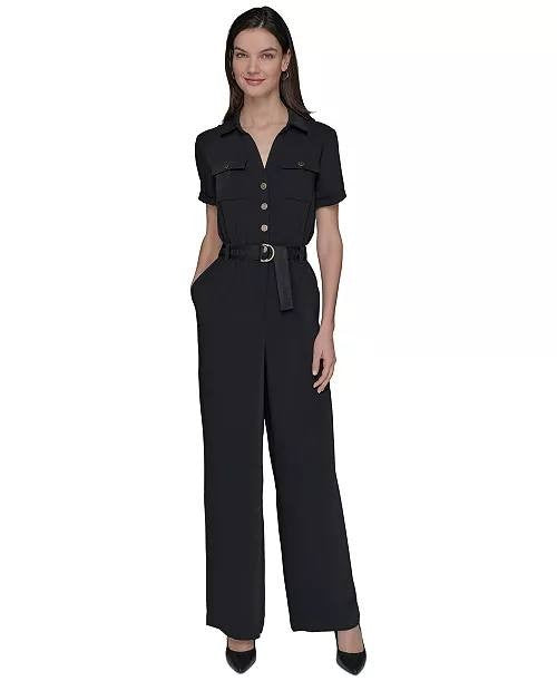 Karl Lagerfeld Paris Jumpsuit 8 Black Belted Button-Down Wide Leg NWT $179