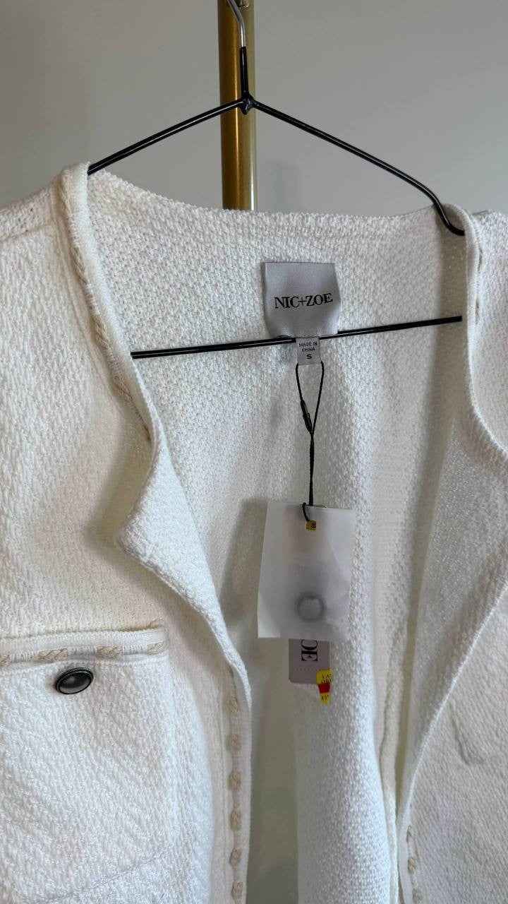 NIC+ZOE Women’s Stitch Trim Knit Jacket Cream White S $218 NWT