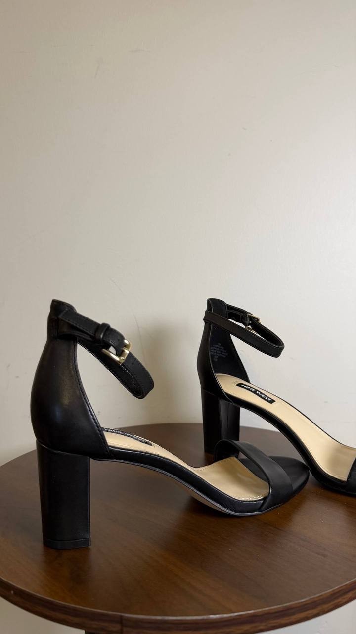 Nine West Pruce Ankle Strap Block Heel Sandals Black Leather Women’s 7M NWB $89