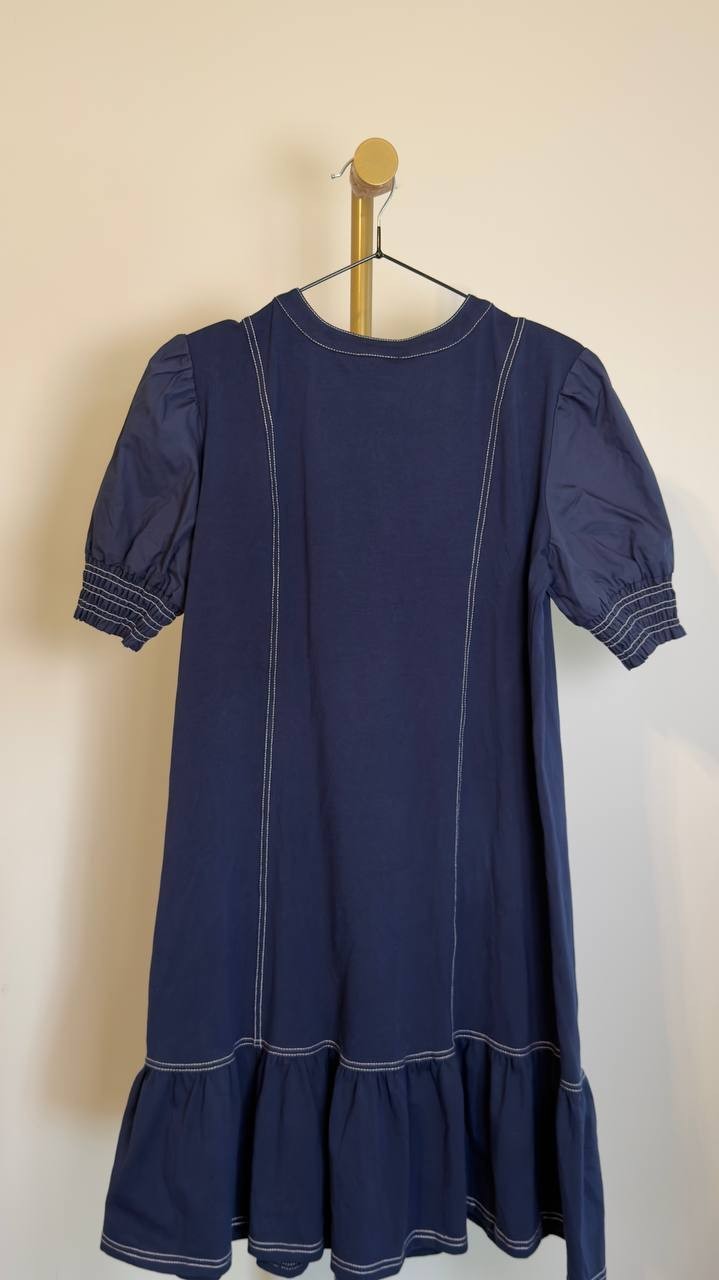 Isaac Mizrahi Top Stitch Drop Waist Stretch Cotton Dress Navy M NWT $128