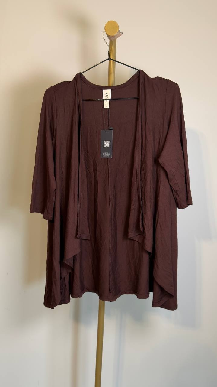 24Seven Comfort Apparel Elbow Sleeve Open Front Cascading Jacket Brown S NWT $37