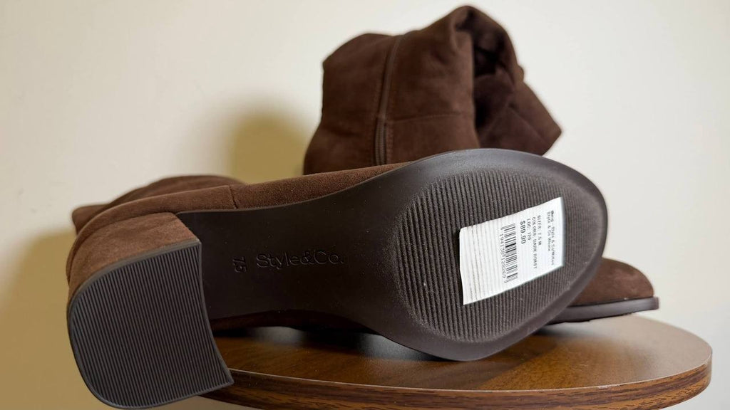Style&Co Reneee Boots 7.5M Dark Roast Scrunch Mid‑Shaft Block Heel NIB msrp$89
