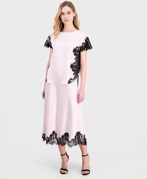 Anne Klein Lace‑Trim Satin Short‑Sleeve Top Soft Blossom L NWT $79