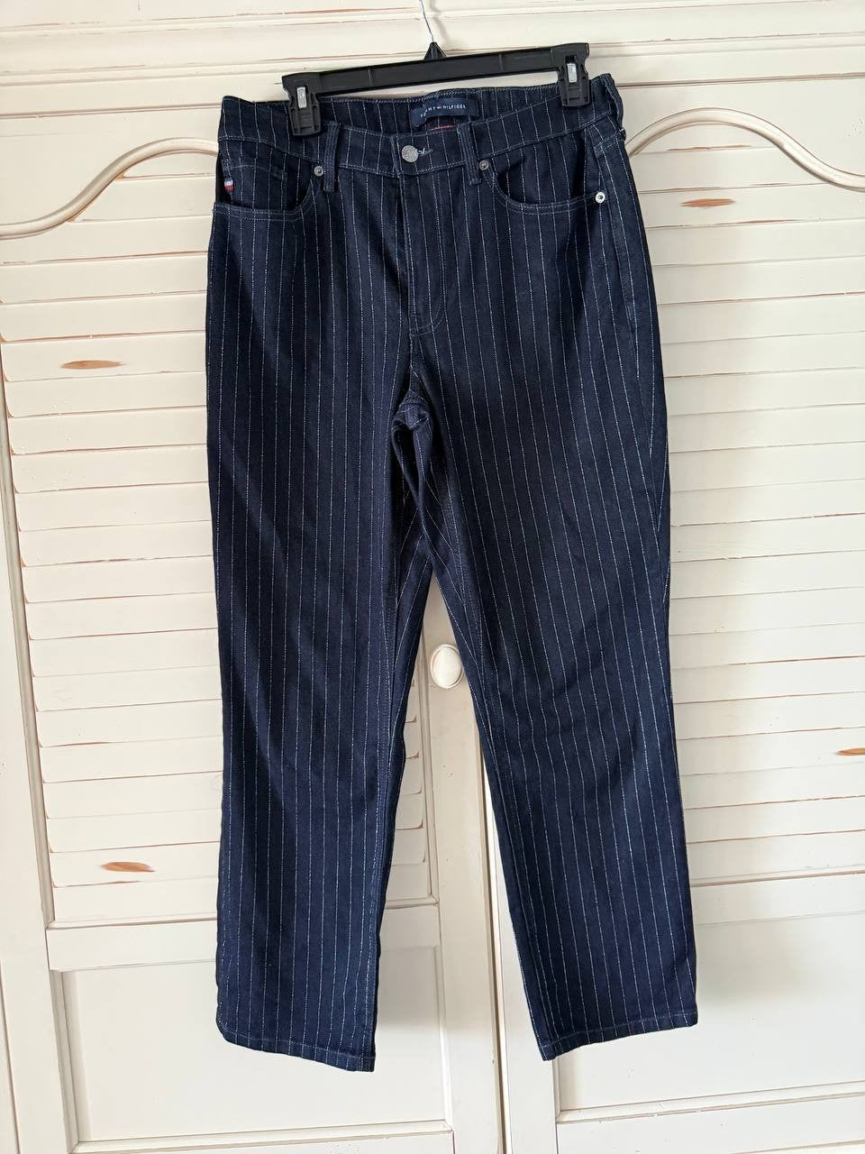 Tommy Hilfiger Ankle Jeans Size 8 High-Rise Indigo with Shine Stripe Print