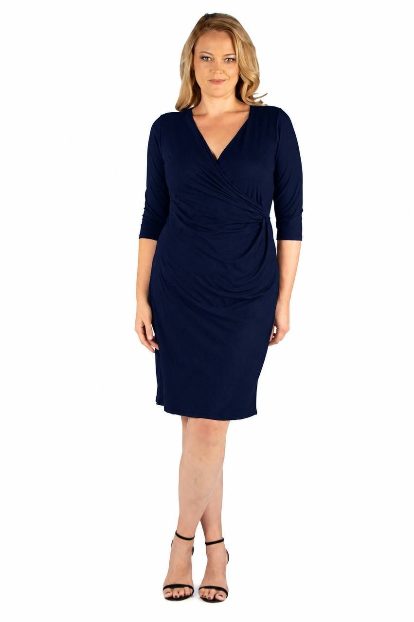 24Seven Comfort Apparel Plus Size Knee Length V‑Neck Dress Navy 3X NWT $56