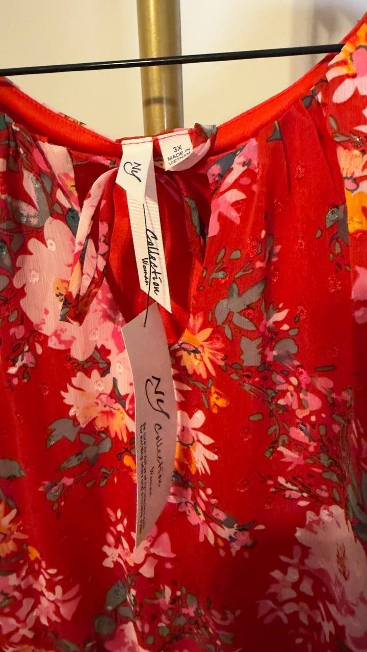 NY Collection Plus Flutter‑Sleeve Tiered Dress Red Multi 3X NWT $56