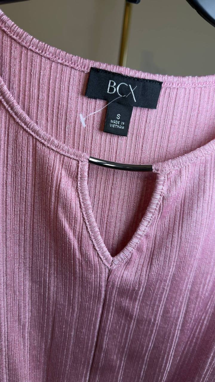 BCX Ribbed Puff‑Sleeve Keyhole Top Rose Pink S NWOT $39
