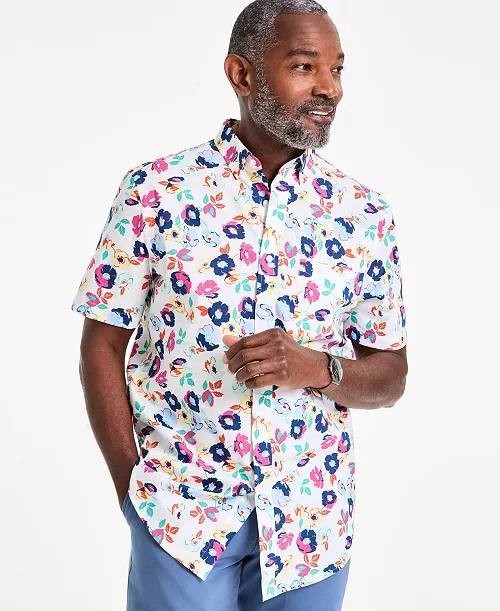Club Room Men’s Craig Floral Poplin Short‑Sleeve Shirt White Multi S $49.50 NWT
