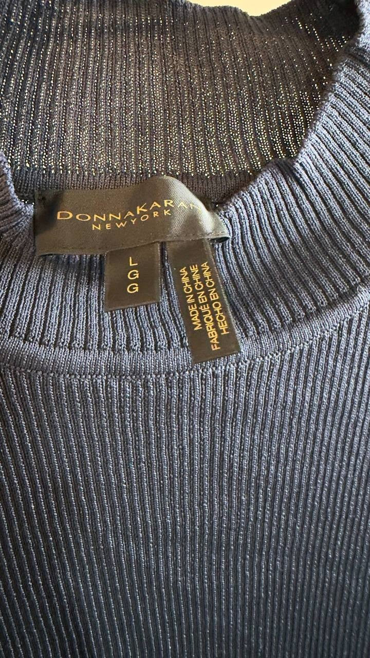 Donna Karan New York Sleeveless Rib Knit Top Gold Buttons Navy L NWT $99