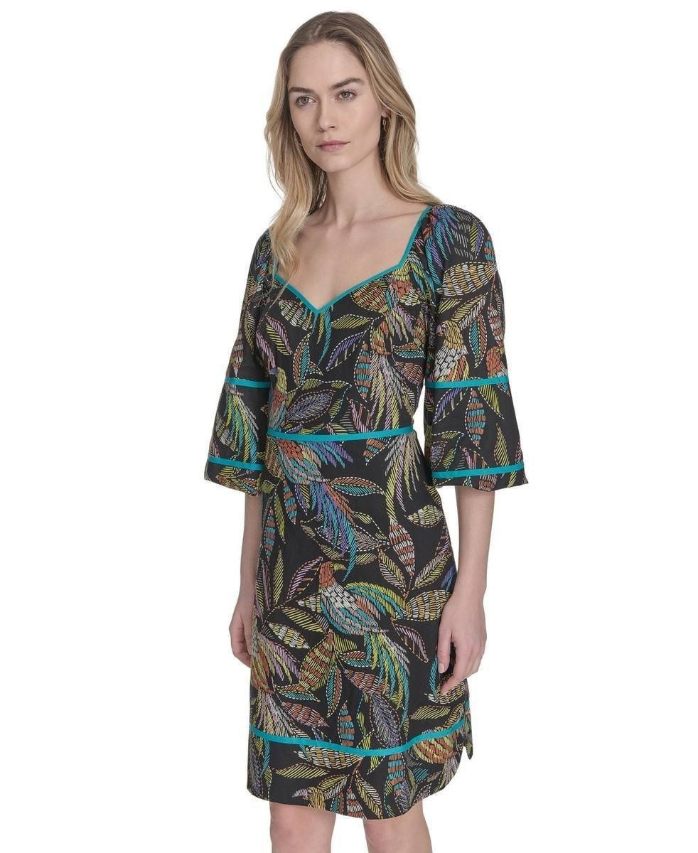 Vince Camuto Puff Sleeve Cotton Poplin Dress Black Multi 8 NWT $138