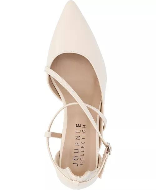 Journee Galvinn Strappy Pointed Toe Block Heel Pumps Bone 8W PU $93 NWB