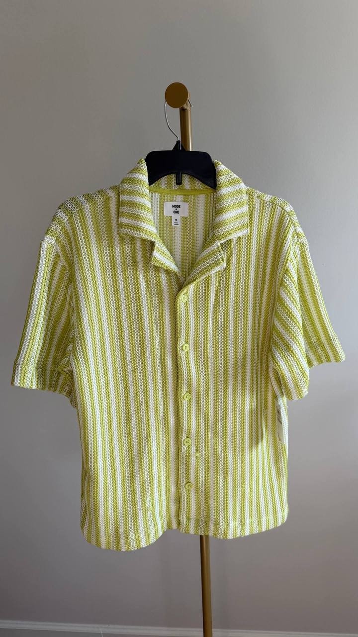 Mode of One Men’s Vertical‑Stripe Camp Collar Shirt M Misty Multi $59.50 NWT