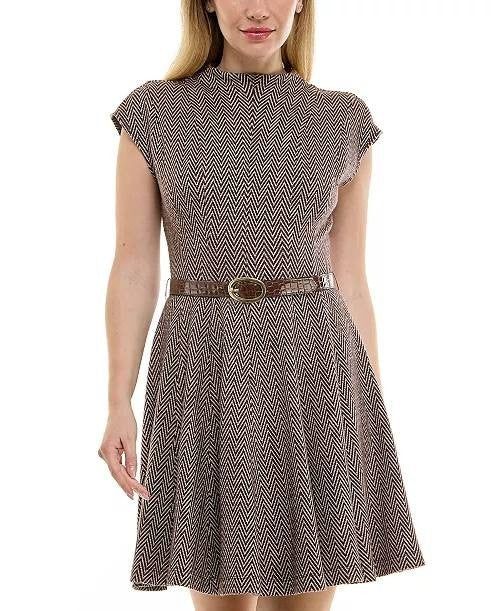 Taylor Women’s Belted Jacquard A‑Line Dress Brown Cream 12 NWT $128