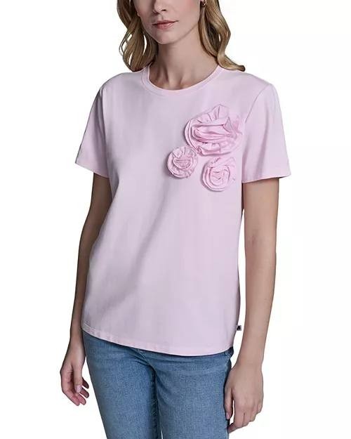 Karl Lagerfeld Paris Women’s Rose‑Trim Knit Top Rose M NWT $59