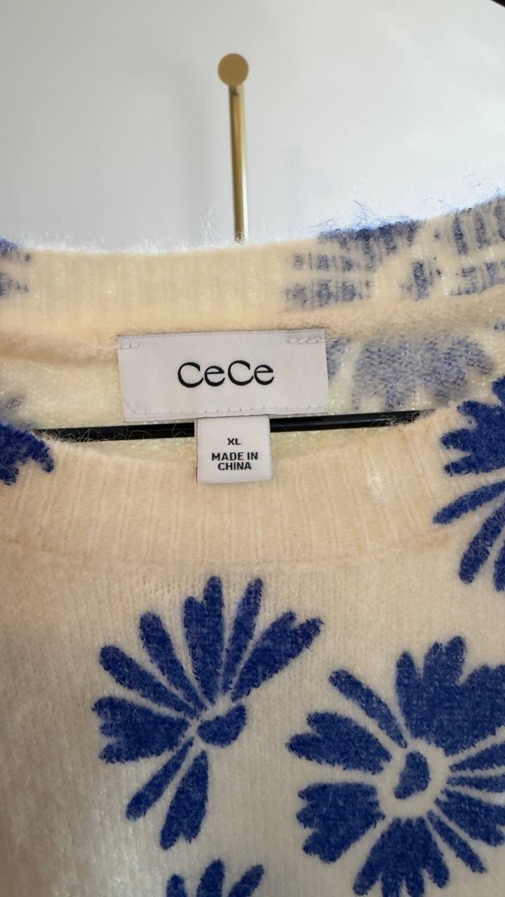 CeCe Flower Print Long‑Sleeve Crewneck Sweater Birch XL NWT $79