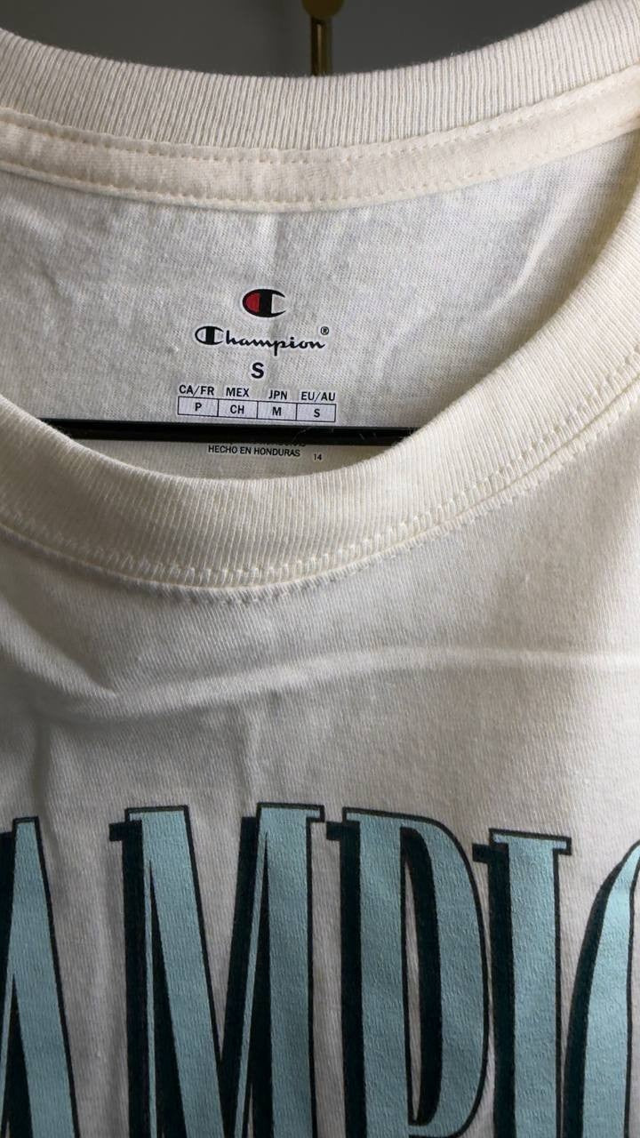 Champion Classic Cotton Crewneck Logo Short-Sleeve T-Shirt Natural S NWT $25