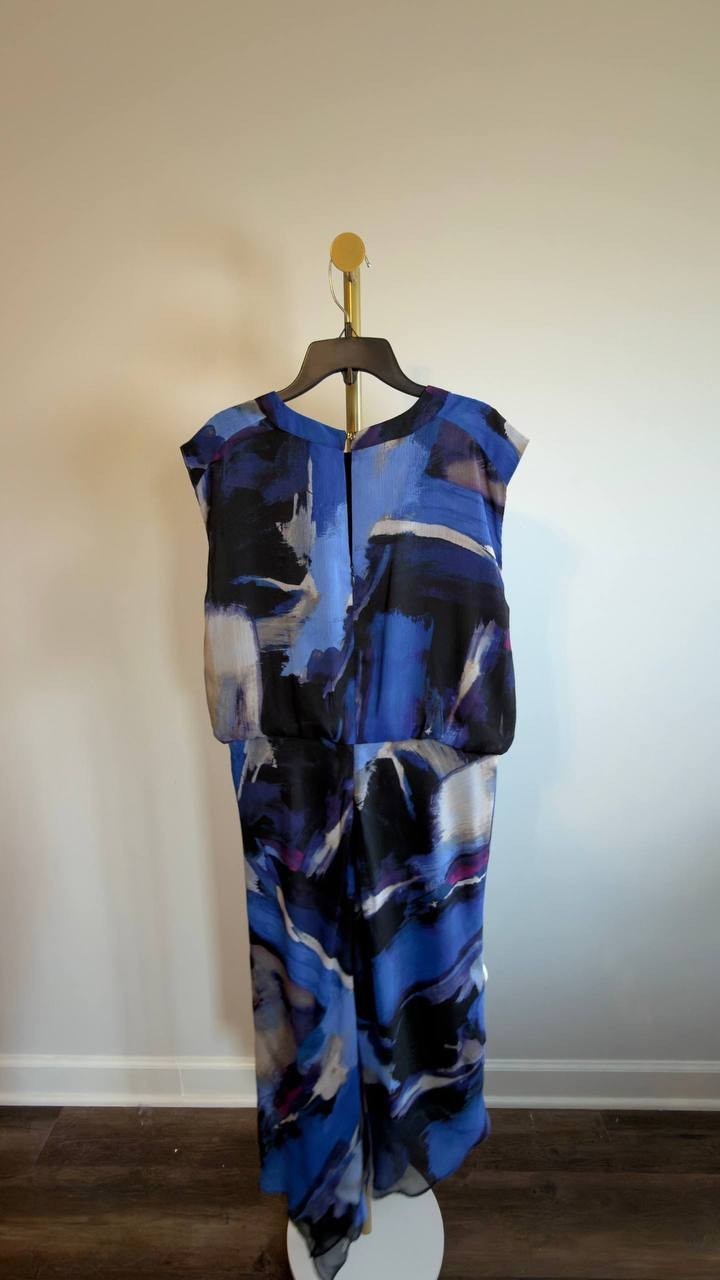 DKNY Printed Blouson Asymmetric-Hem Dress Blue Multi 8 NWT $129